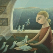“Jessica and the Carrier Pigeons” 16.5cmx 30cm (6.5”x 12”) acrylic on illustration board